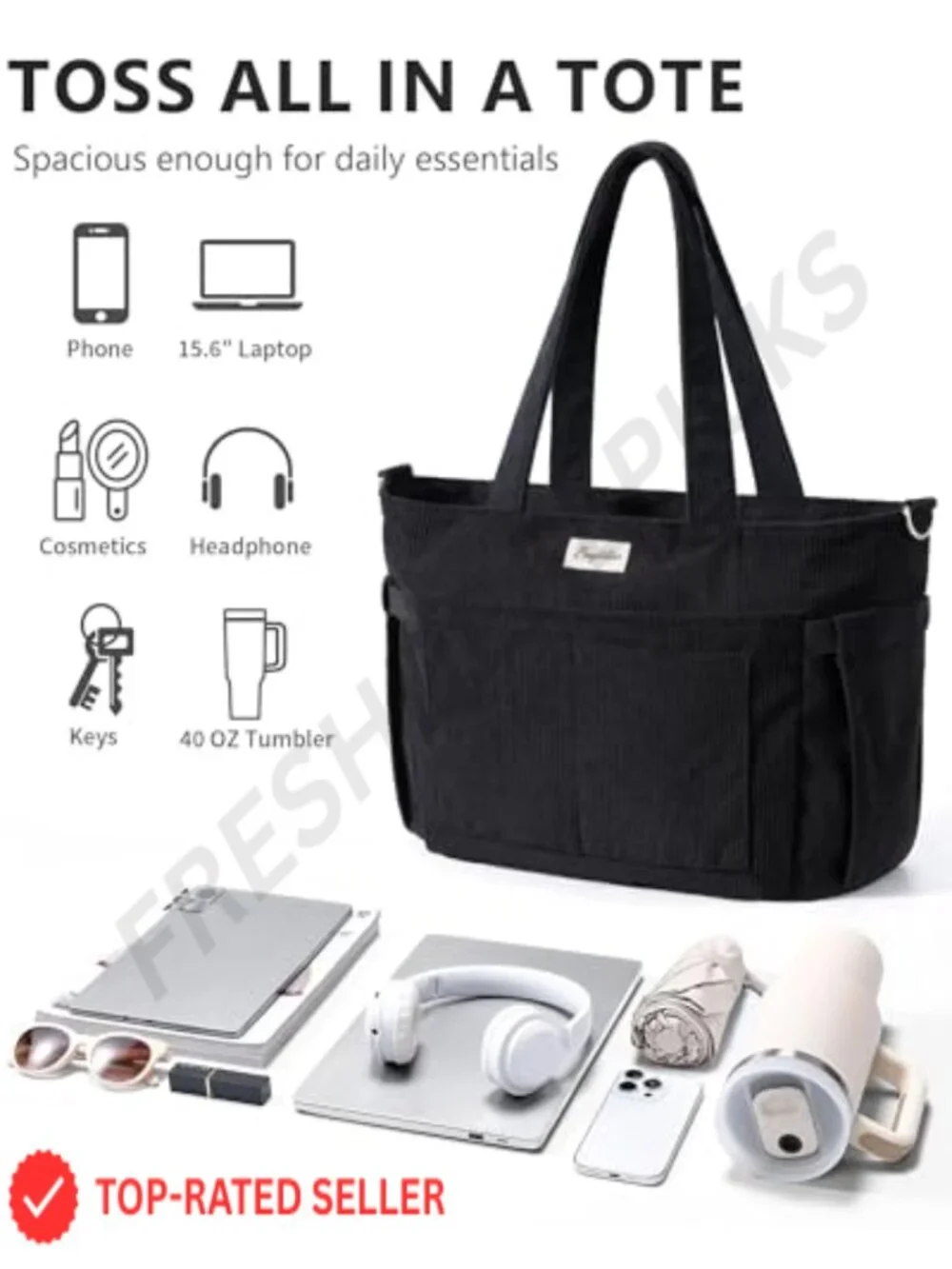 Corduroy Tote Bag with Laptop Sleeve - 17 Pockets Work Travel